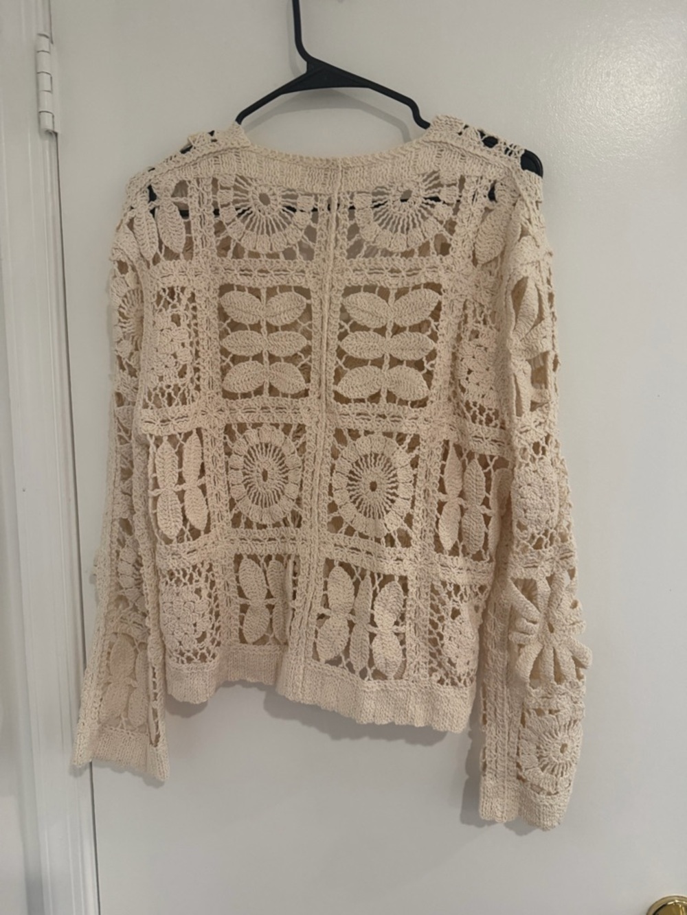 Boho Crochet Cardigan Ivory Granny Square Floral Knit Button Front Cottagecore S - Picture 4 of 5
